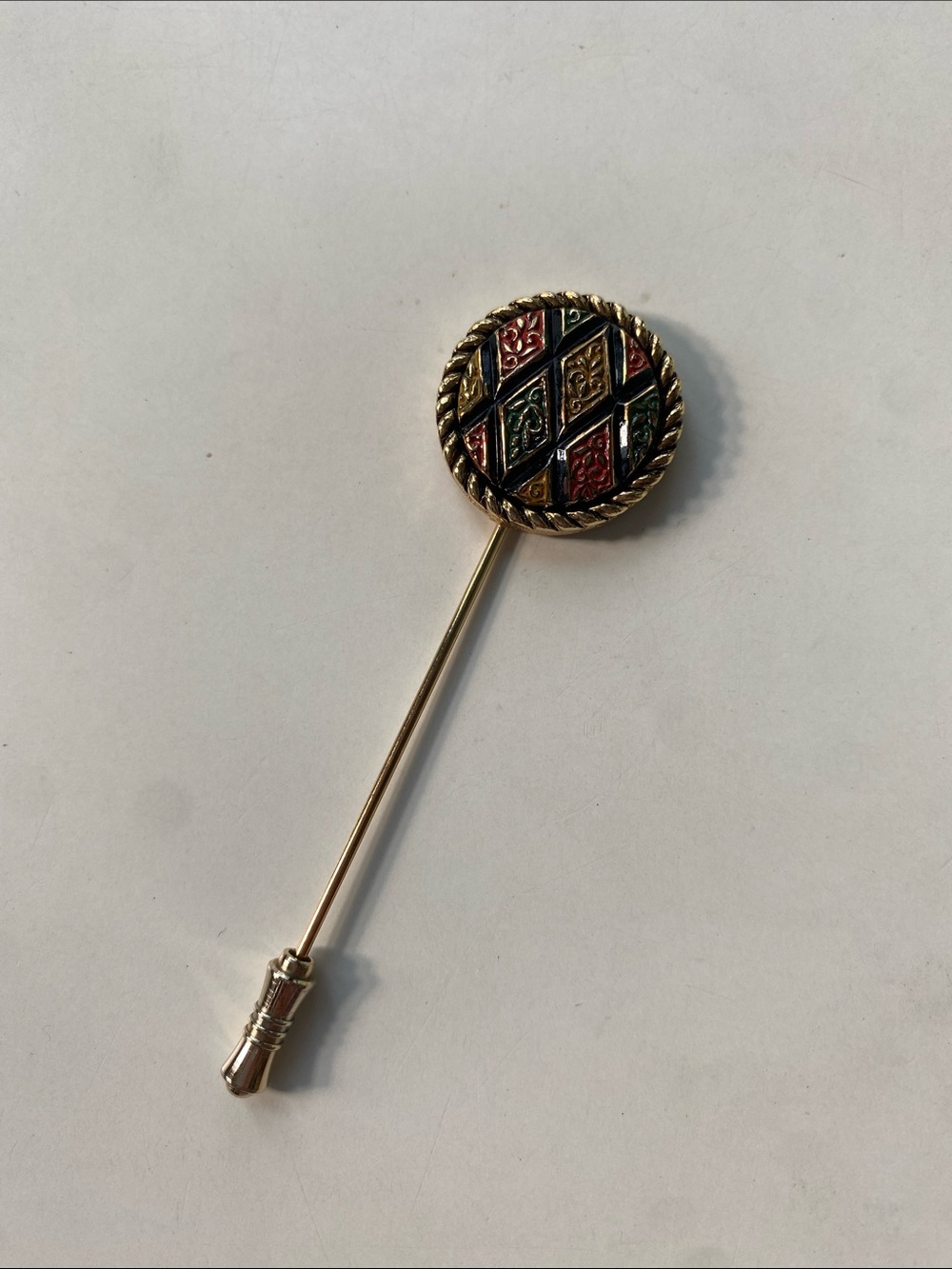Sarah Coventry Vintage 70s Mosaic Stick Pin.  Gold tone, black, green,red
